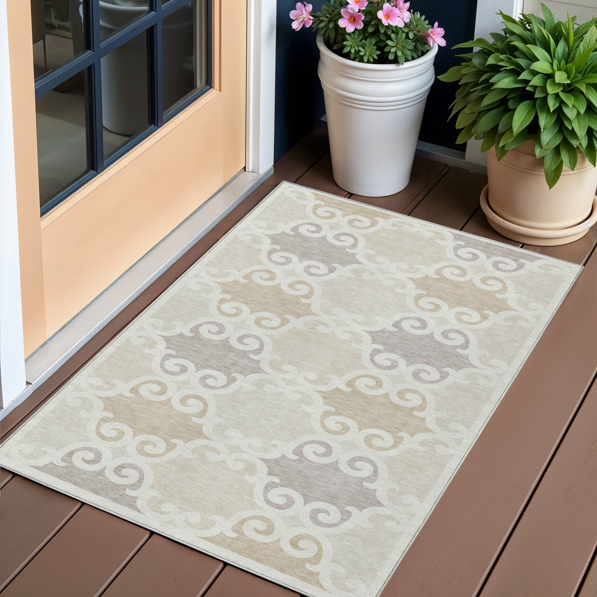 3' X 5' Ivory And Beige Trellis Washable Indoor Outdoor Area Rug-592023-1