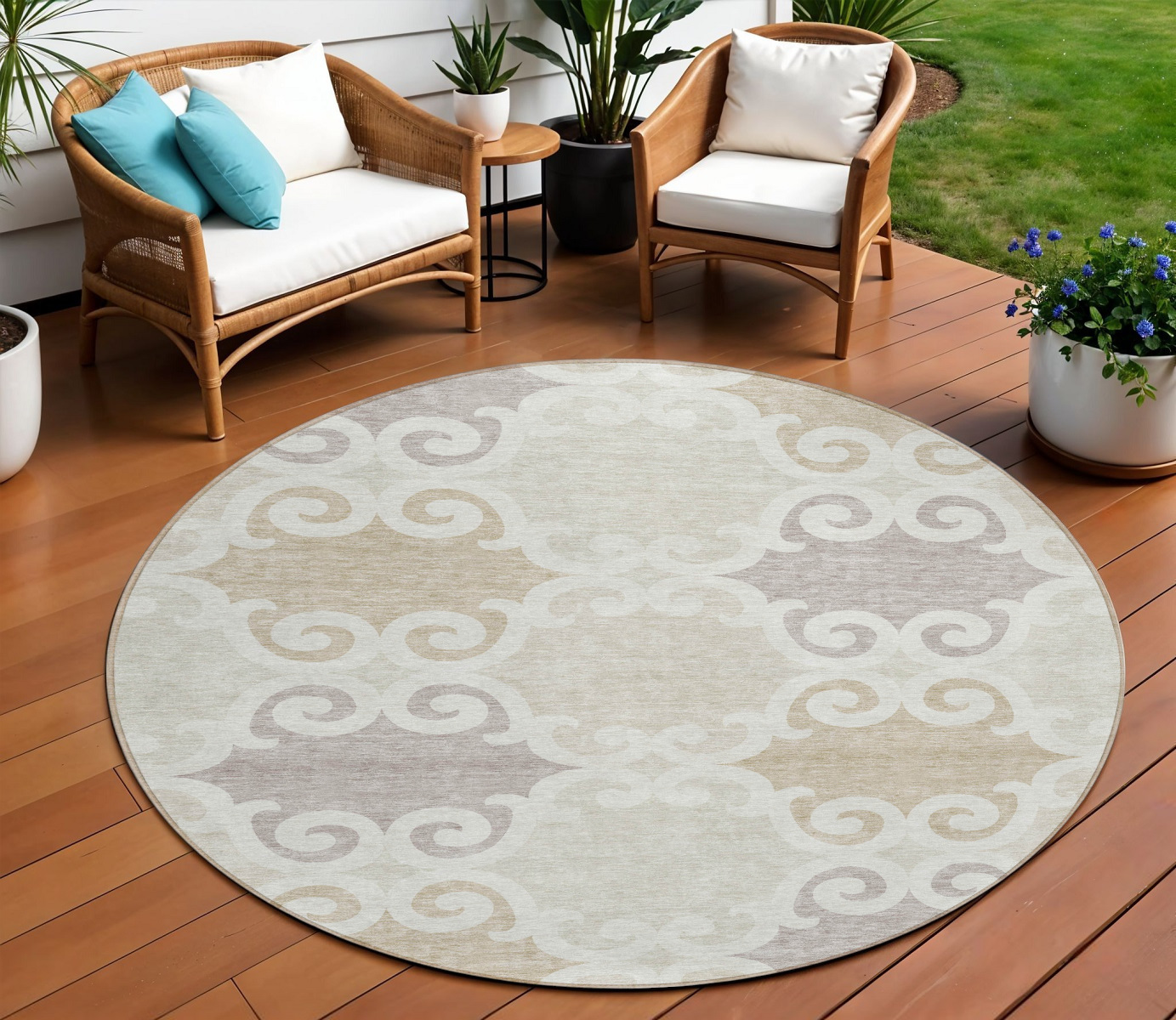 8' Ivory And Beige Round Trellis Washable Indoor Outdoor Area Rug-592025-1