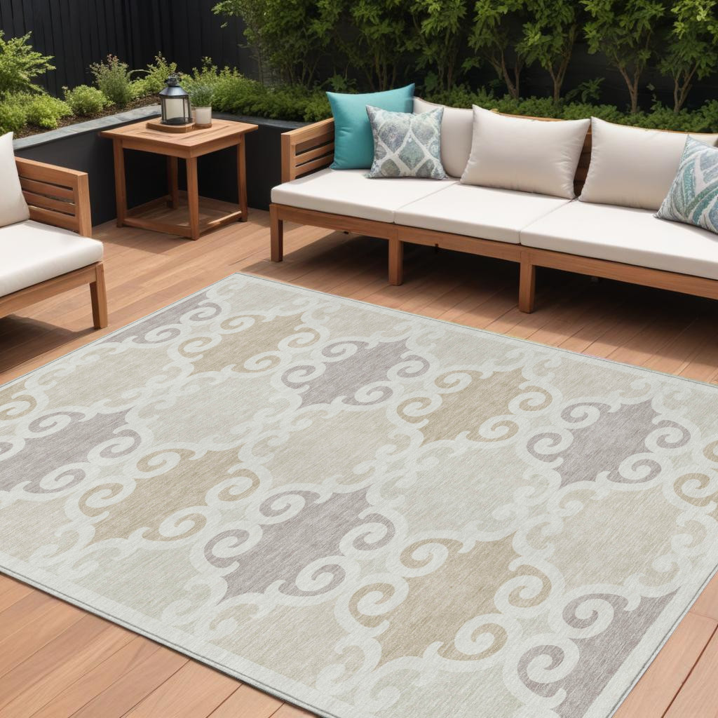 10' X 14' Ivory And Beige Trellis Washable Indoor Outdoor Area Rug-592028-1