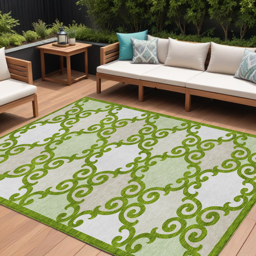 8' X 10' Lime Green And Ivory Trellis Washable Indoor Outdoor Area Rug-592032-1