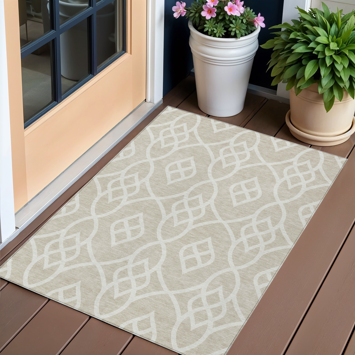 3' X 5' Beige And Ivory Trellis Washable Indoor Outdoor Area Rug-592071-1