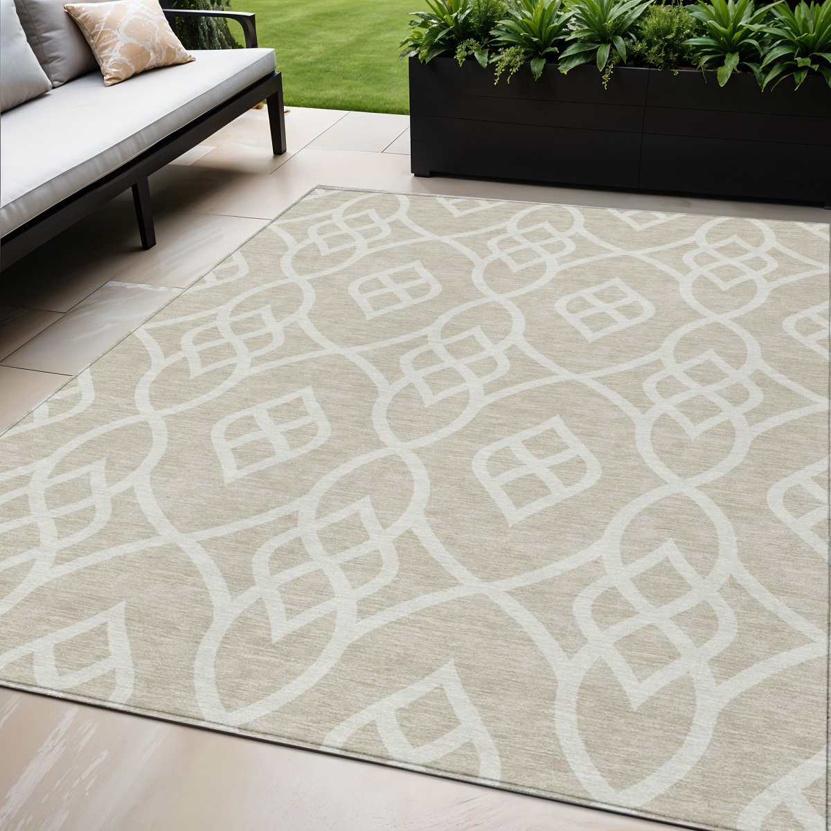 5' X 8' Beige And Ivory Trellis Washable Indoor Outdoor Area Rug-592072-1