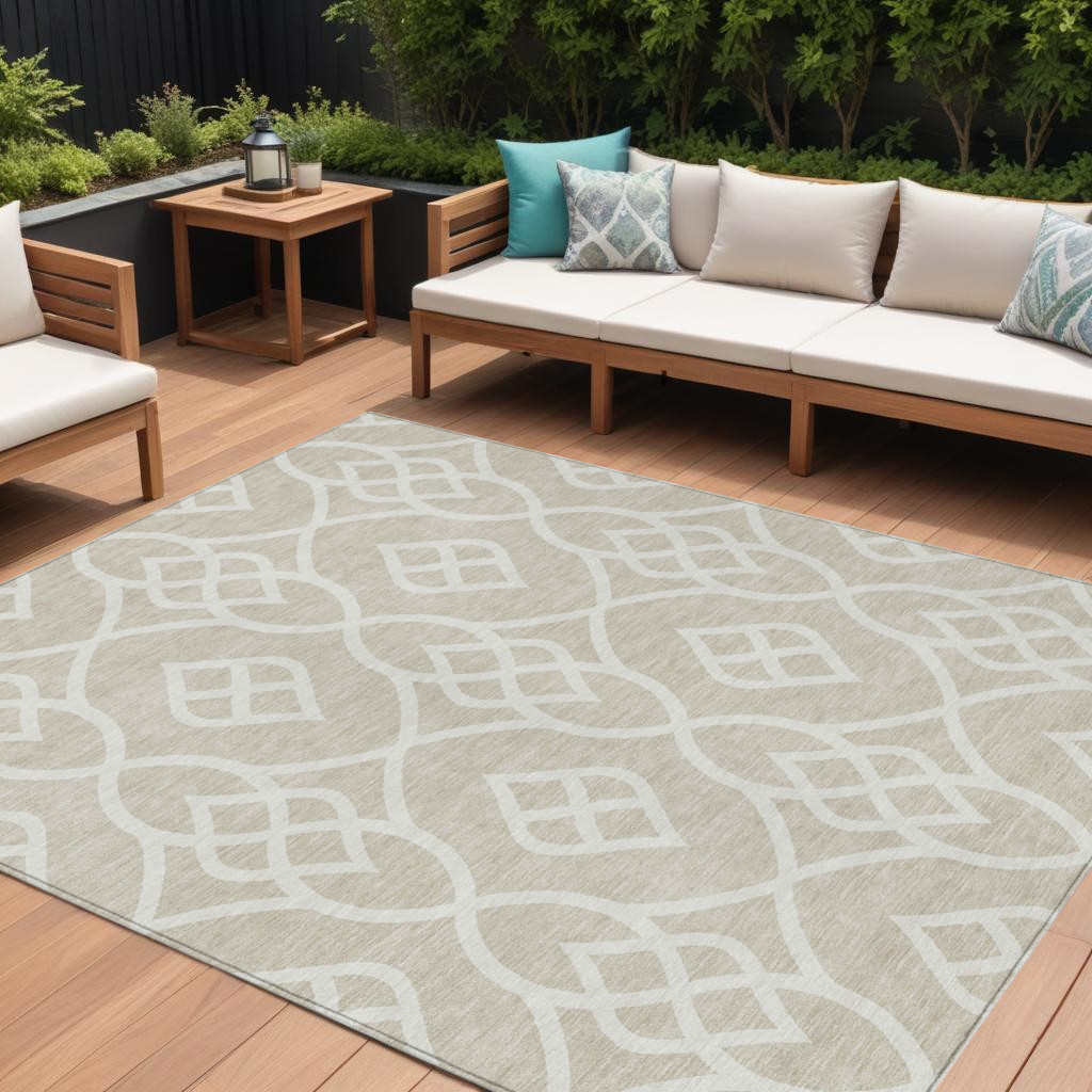 9' X 12' Beige And Ivory Trellis Washable Indoor Outdoor Area Rug-592075-1