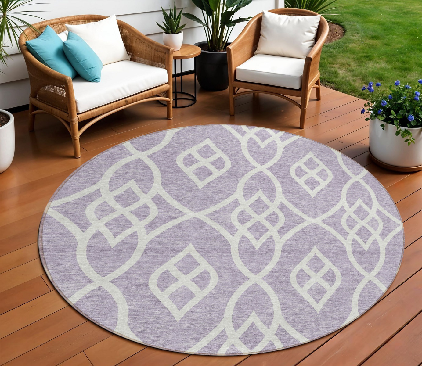 8' Lavender And Ivory Round Trellis Washable Indoor Outdoor Area Rug-592109-1