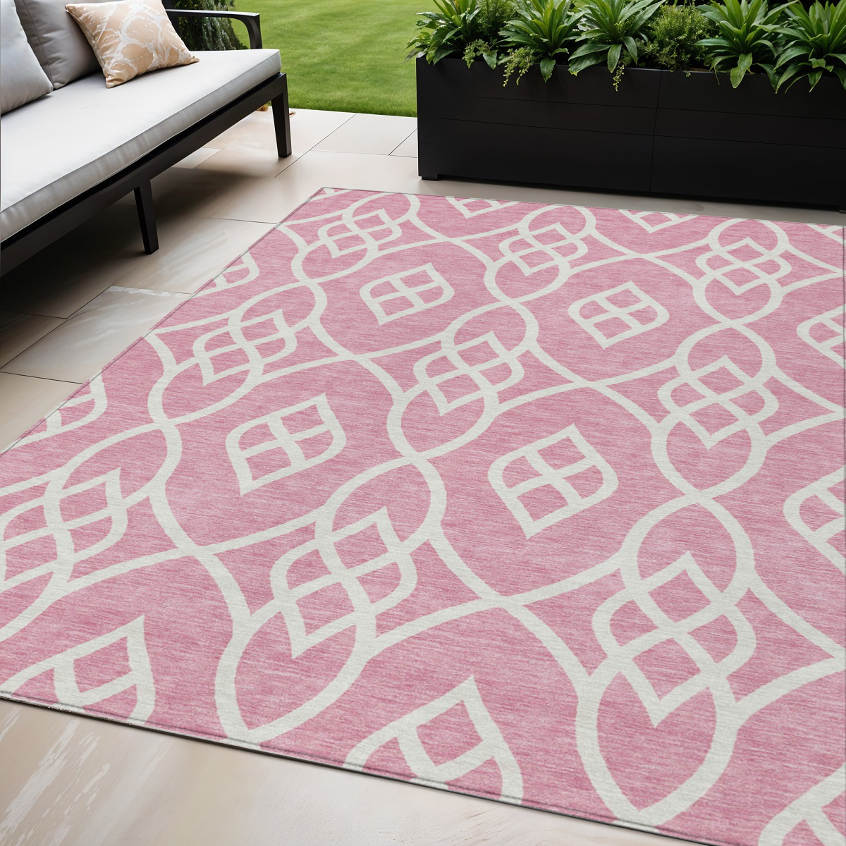 5' X 8' Pink And Ivory Trellis Washable Indoor Outdoor Area Rug-592126-1