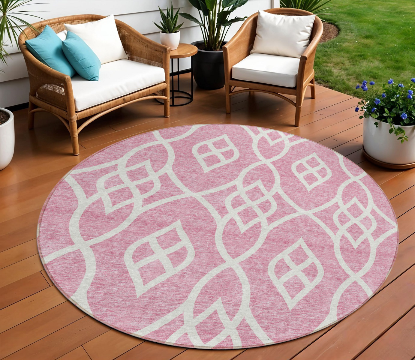 8' Pink And Ivory Round Trellis Washable Indoor Outdoor Area Rug-592127-1