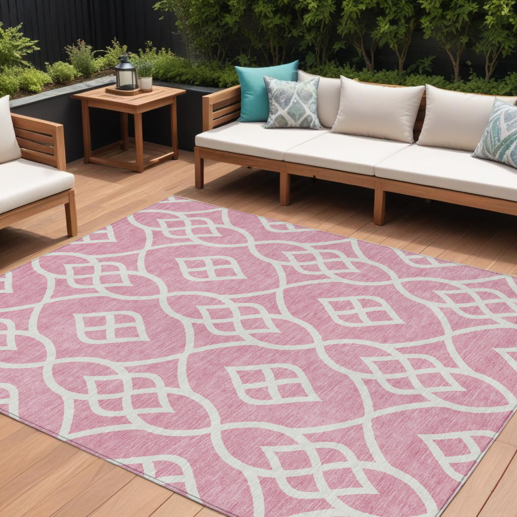 9' X 12' Pink And Ivory Trellis Washable Indoor Outdoor Area Rug-592129-1