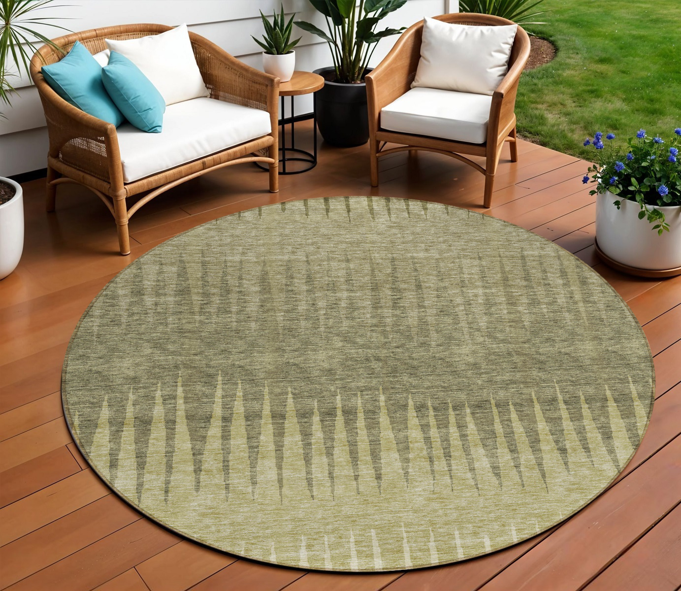 8' Green And Light Green Round Striped Washable Indoor Outdoor Area Rug-592217-1