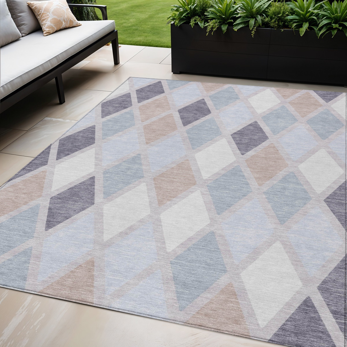 5' X 8' Lavender Brown And Ivory Geometric Washable Indoor Outdoor Area Rug-592312-1