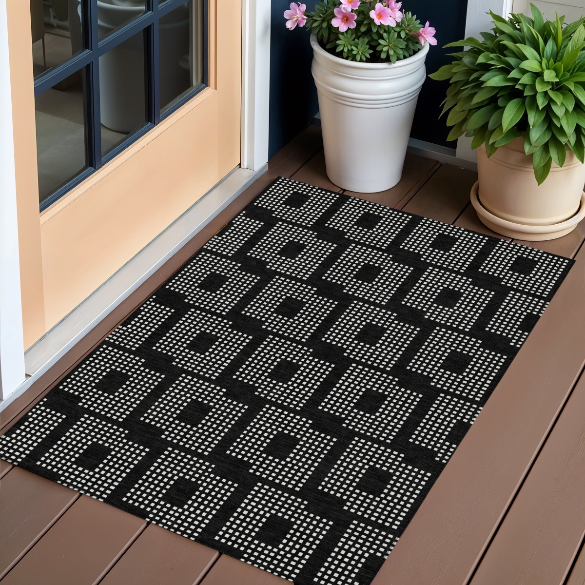 3' X 5' Black And Ivory Geometric Washable Indoor Outdoor Area Rug-592515-1