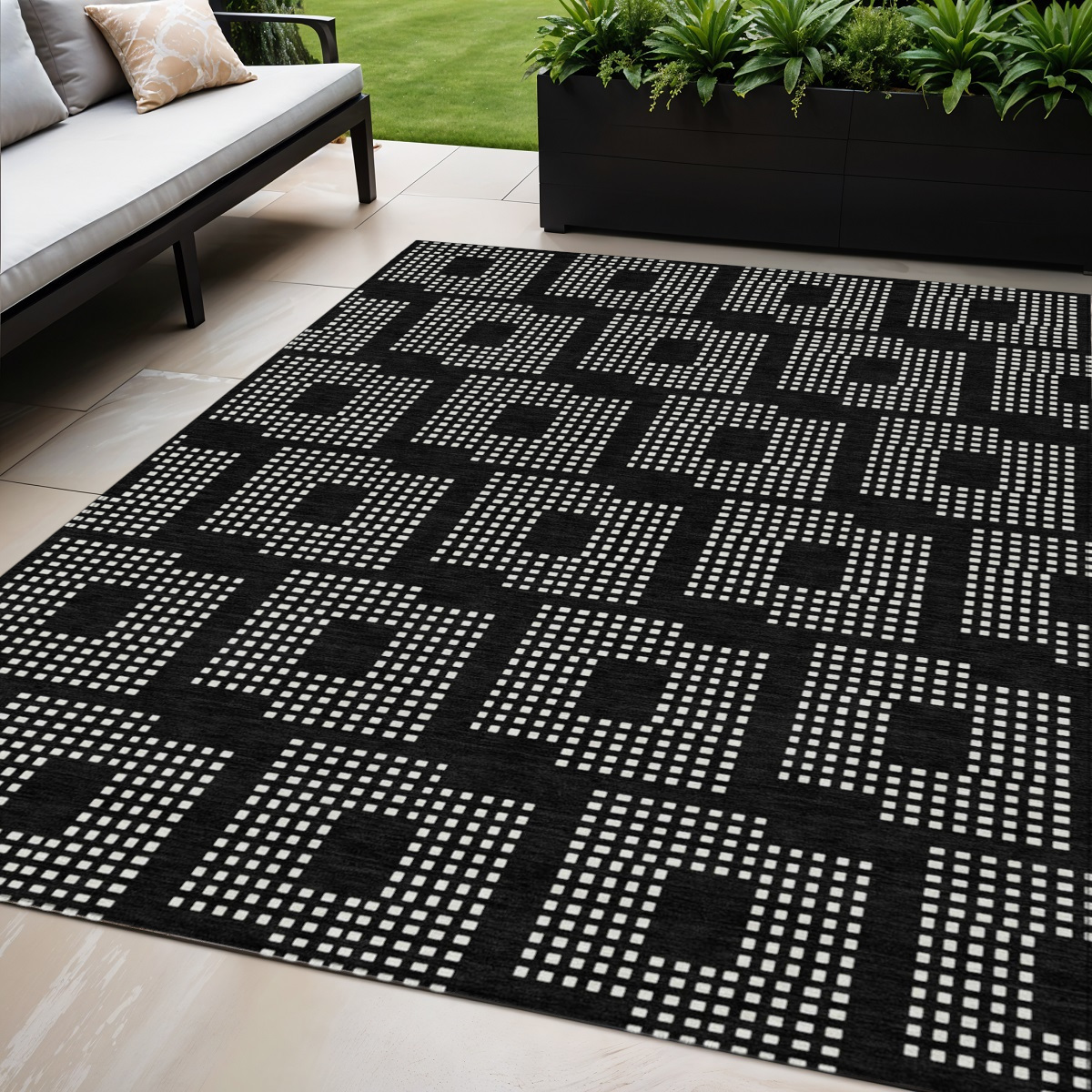 5' X 8' Black And Ivory Geometric Washable Indoor Outdoor Area Rug-592516-1