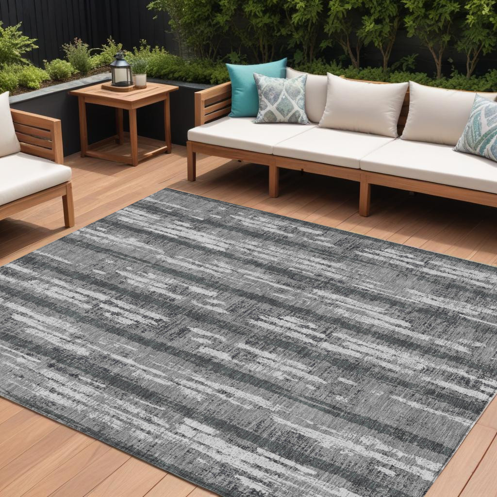 8' X 10' Gray And Ivory Striped Washable Indoor Outdoor Area Rug-592728-1