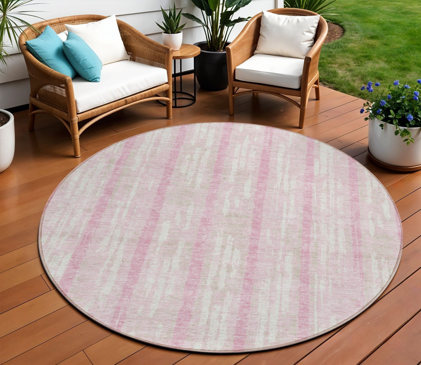 8' Pink And Ivory Round Striped Washable Indoor Outdoor Area Rug-592751-1
