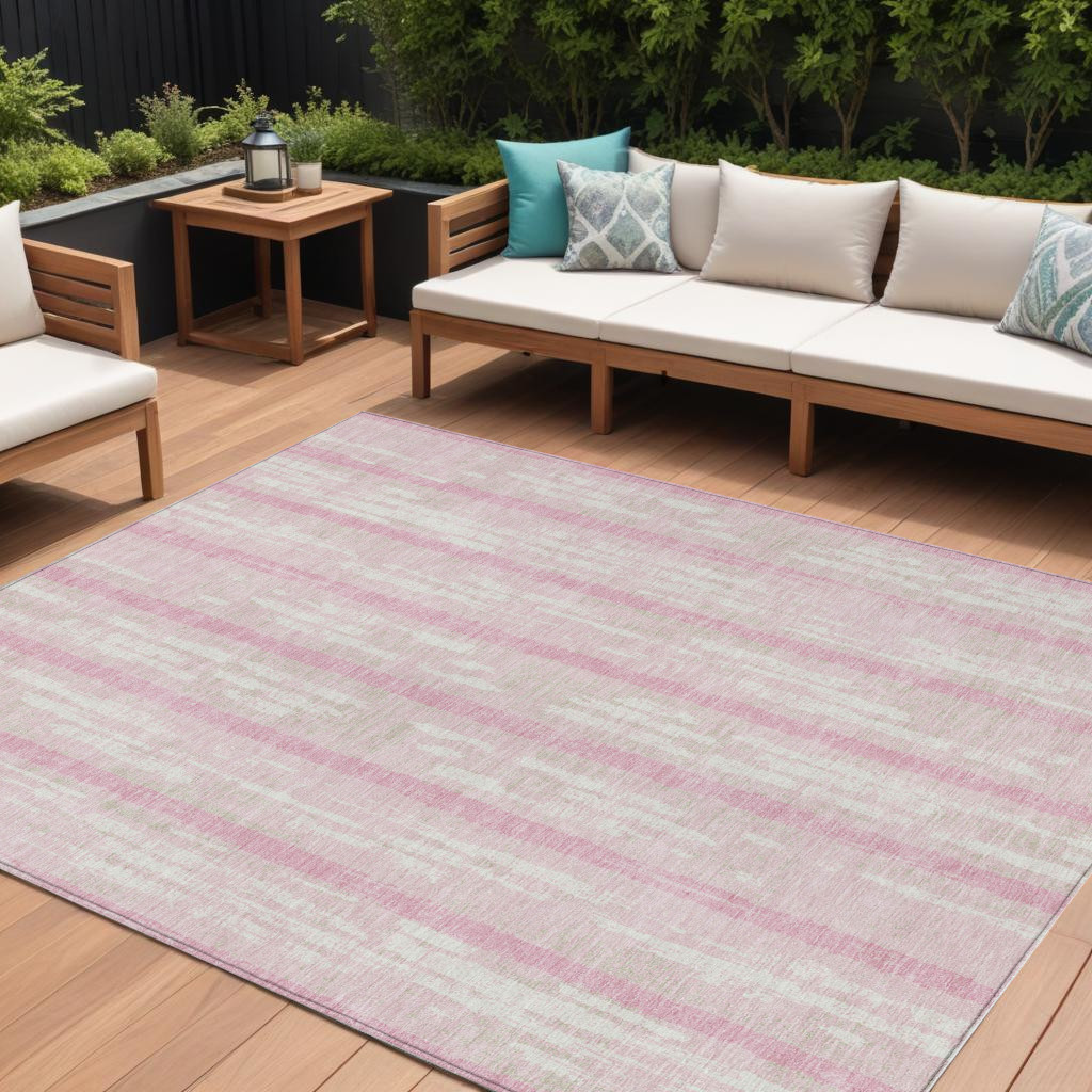 10' X 14' Pink And Ivory Striped Washable Indoor Outdoor Area Rug-592754-1