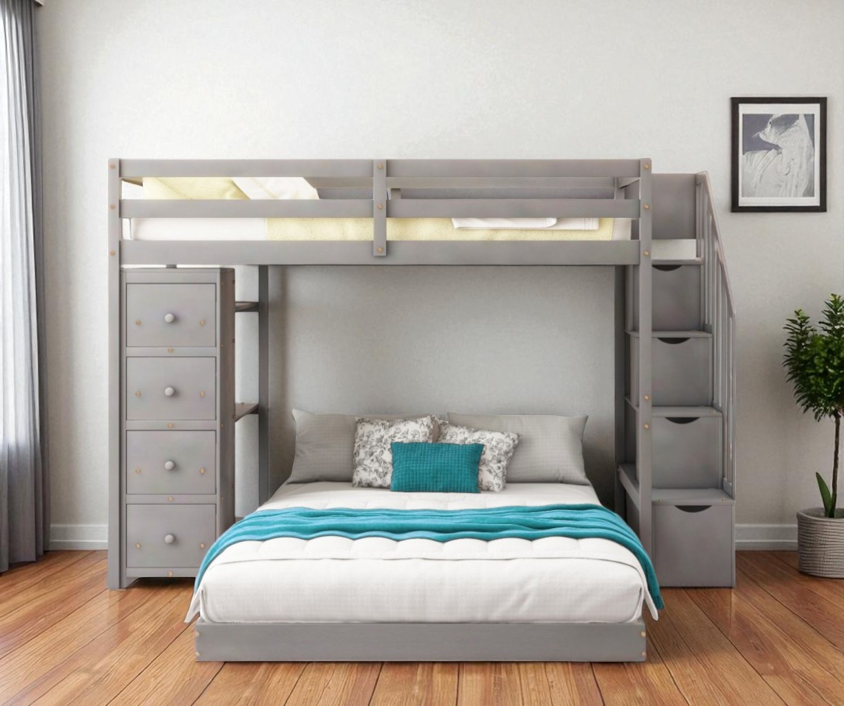 Gray Twin Over Full Wood Bunk Bed With Stairs And Drawers And Storage ...