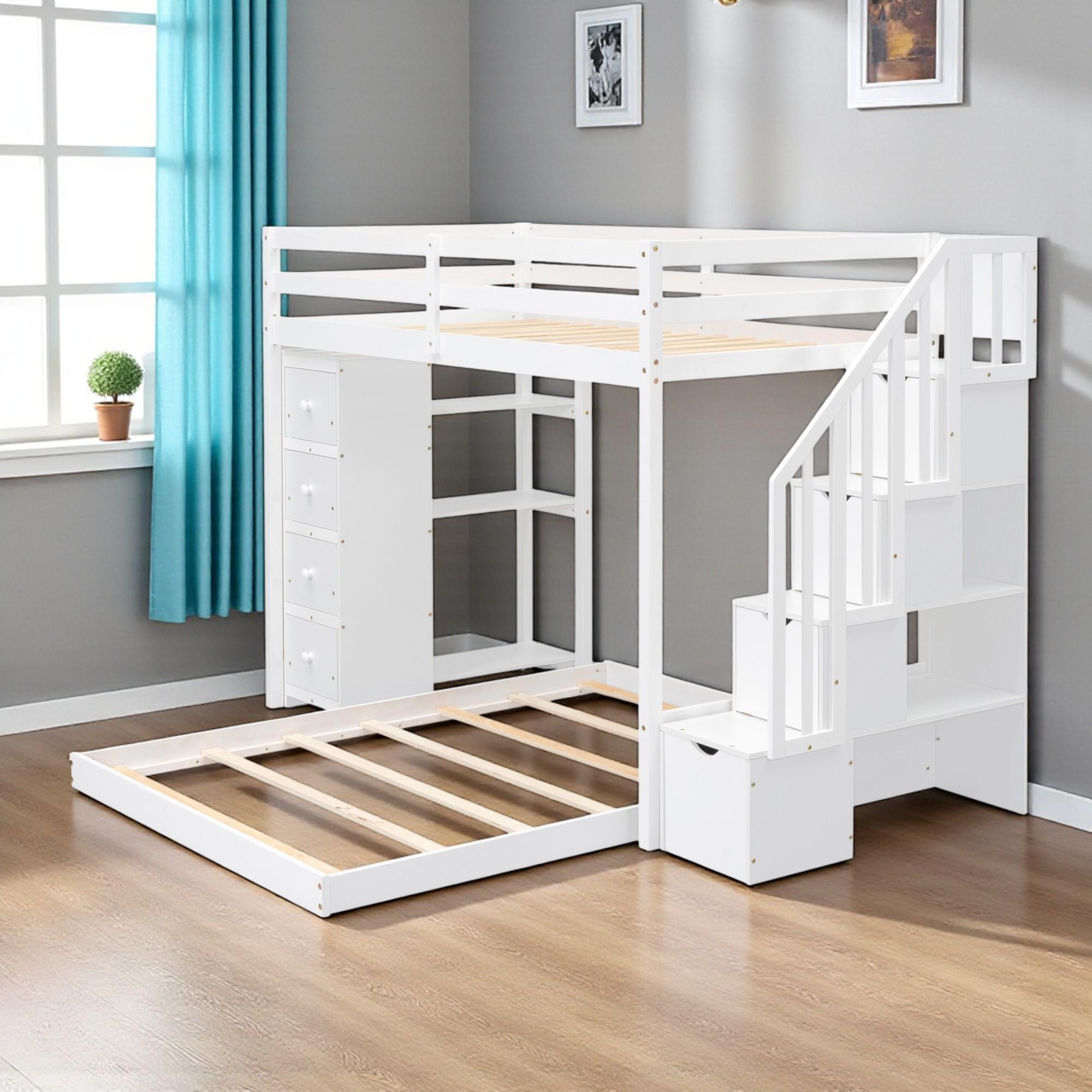 White Twin Over Full Wood Bunk Bed With Stairs And Drawers And Storage ...
