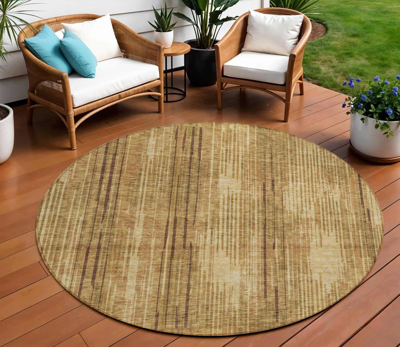 8' Copper And Brown Round Striped Washable Indoor Outdoor Area Rug-593068-1
