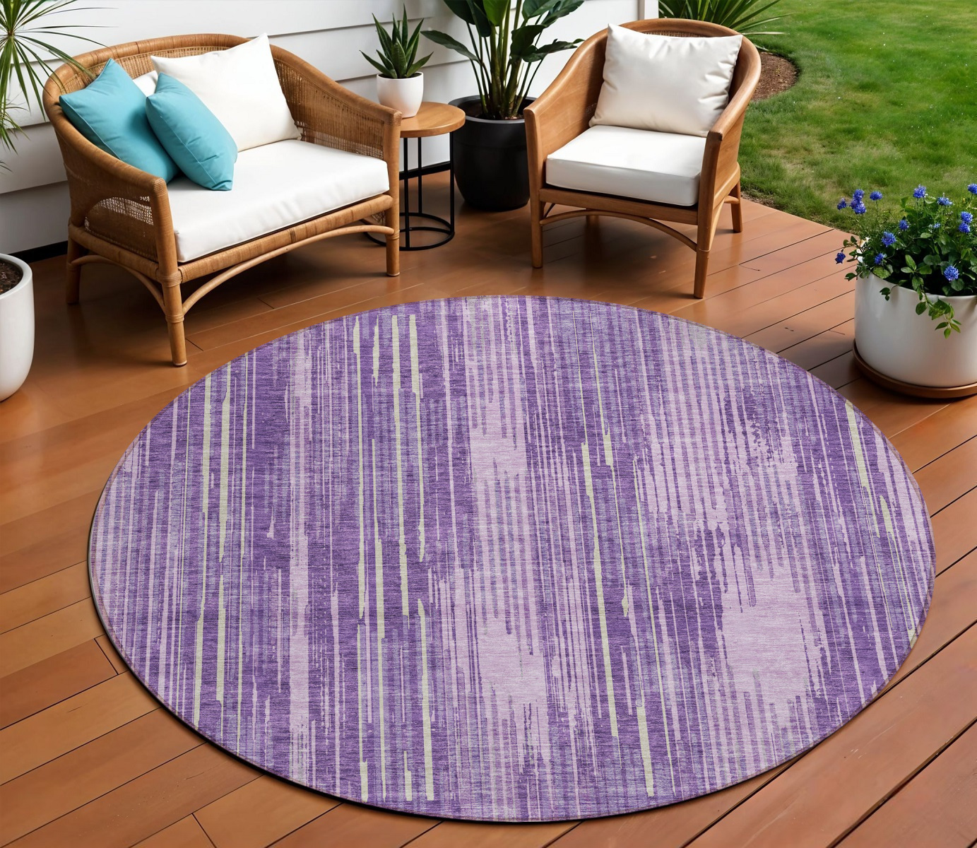 8' Purple And Ivory Round Striped Washable Indoor Outdoor Area Rug-593086-1