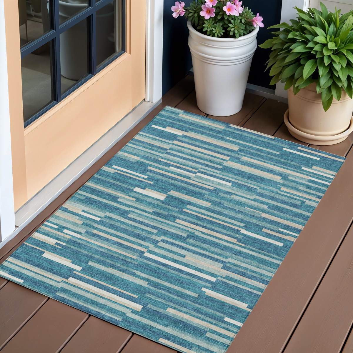 3' X 5' Teal Blue And Ivory Striped Washable Indoor Outdoor Area Rug-593156-1