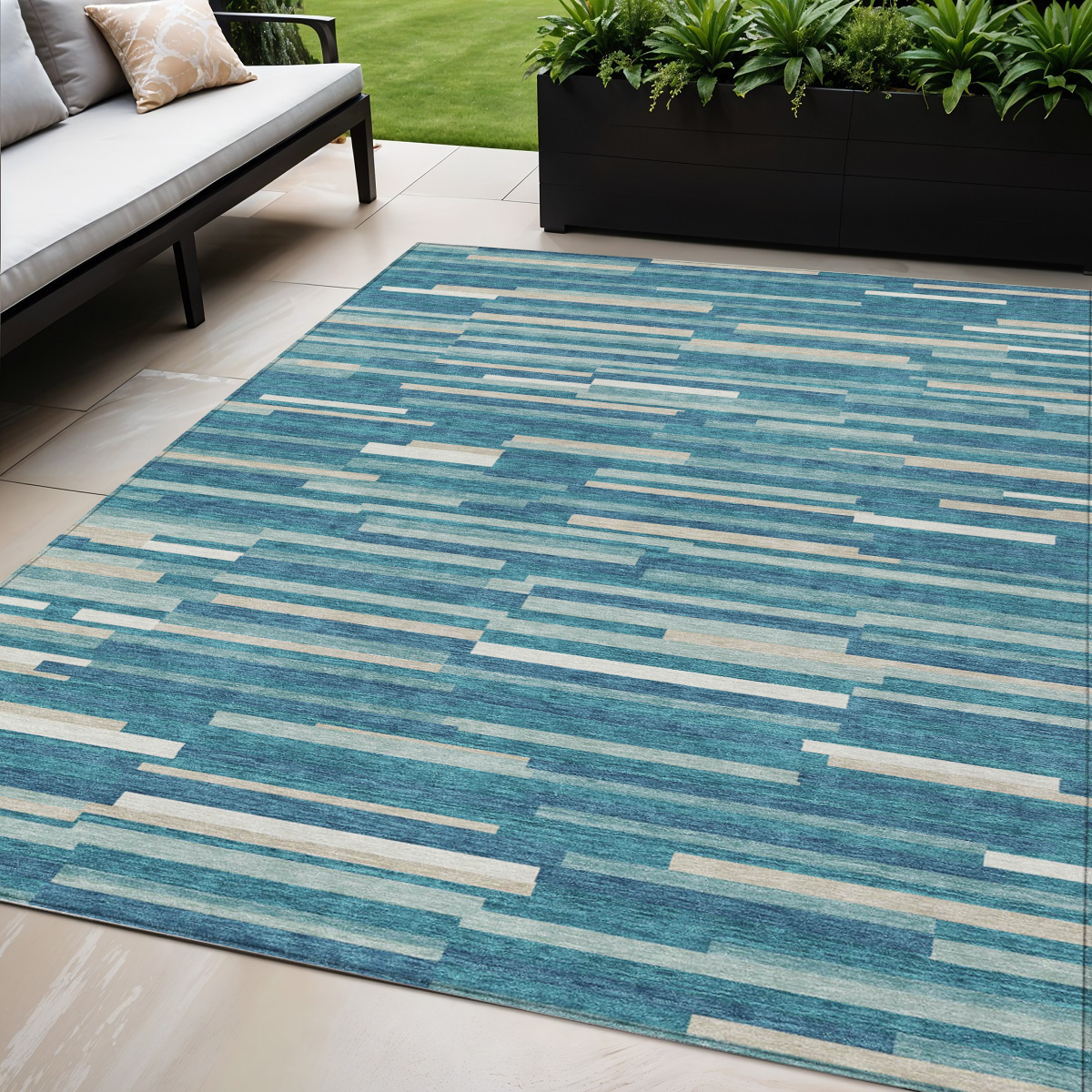 5' X 8' Teal Blue And Ivory Striped Washable Indoor Outdoor Area Rug-593157-1