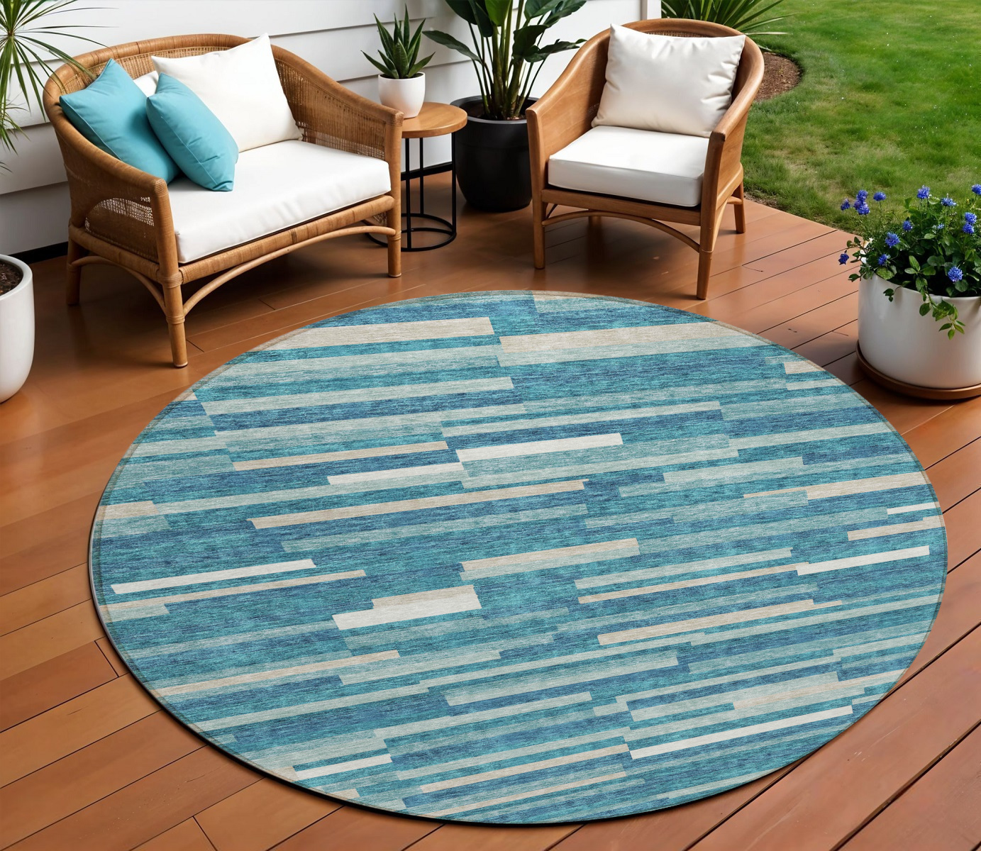 8' Teal Blue And Ivory Round Striped Washable Indoor Outdoor Area Rug-593158-1