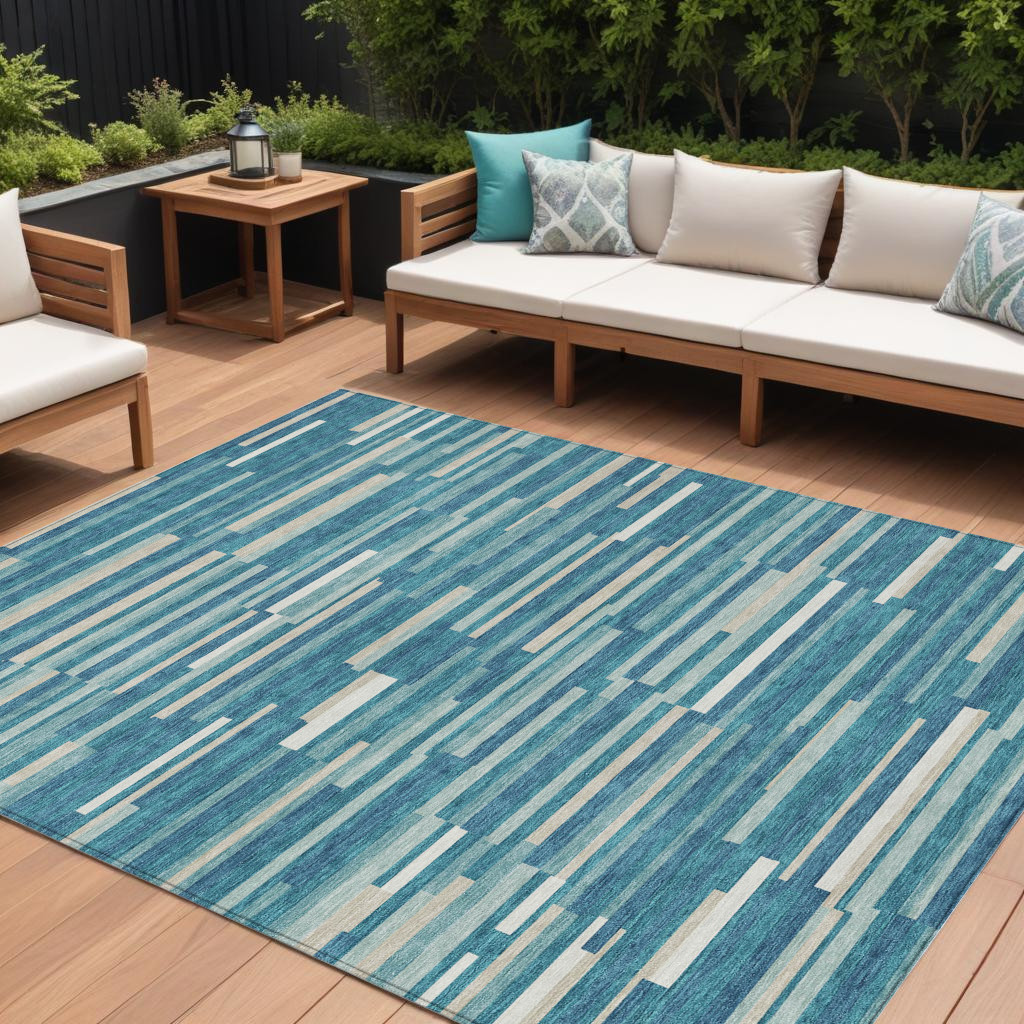 10' X 14' Teal Blue And Ivory Striped Washable Indoor Outdoor Area Rug-593161-1