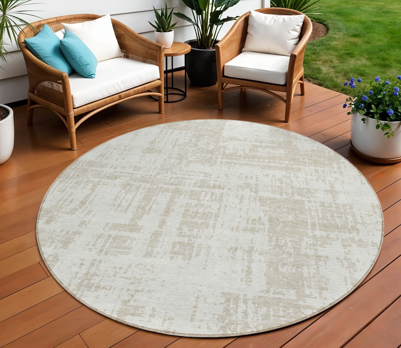 8' Ivory And Beige Round Abstract Washable Indoor Outdoor Area Rug-593206-1