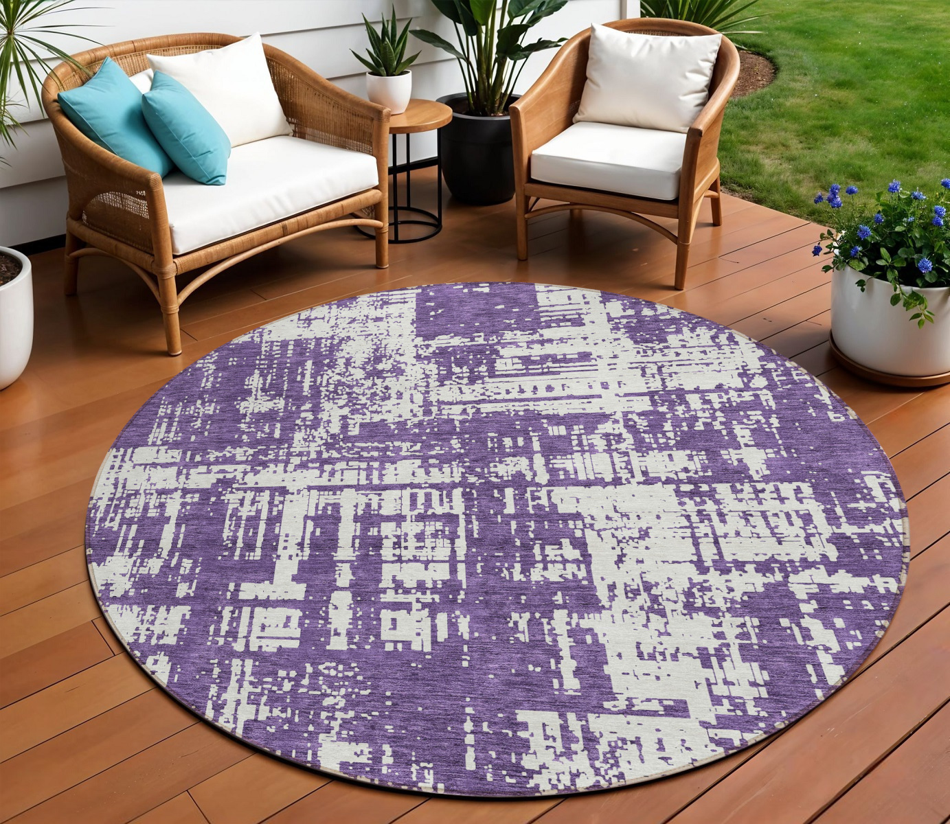 8' Purple And Ivory Round Abstract Washable Indoor Outdoor Area Rug-593224-1