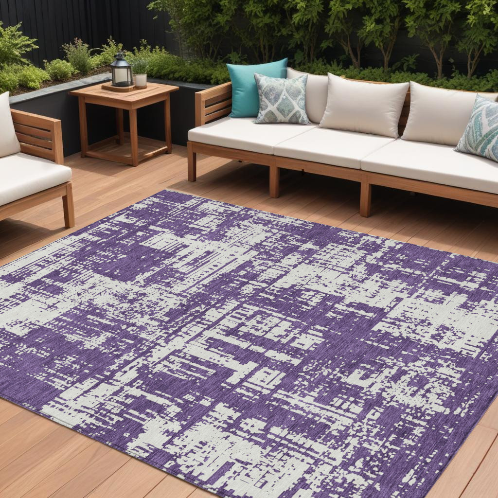 8' X 10' Purple And Ivory Abstract Washable Indoor Outdoor Area Rug-593225-1