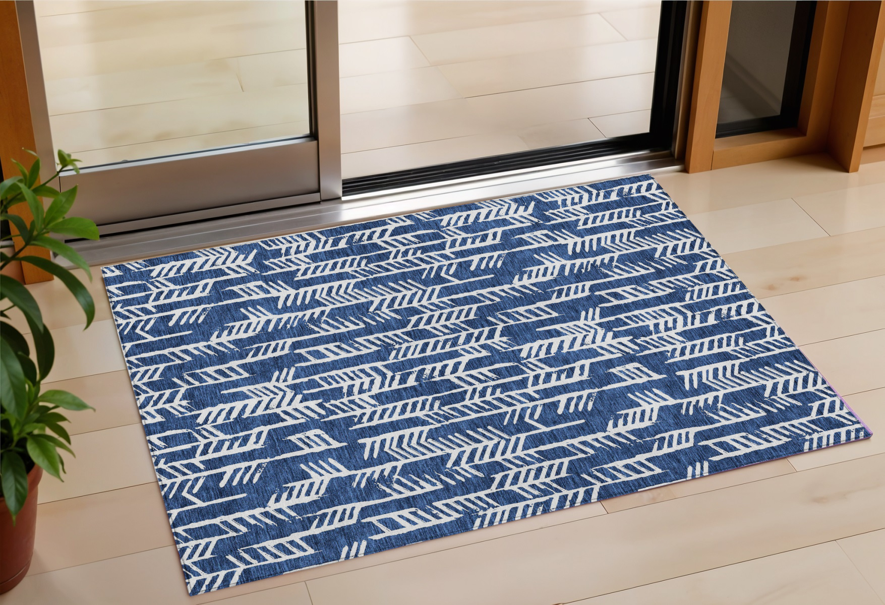 3' X 5' Navy Blue And Ivory Tribal Washable Indoor Outdoor Area Rug-594124-1