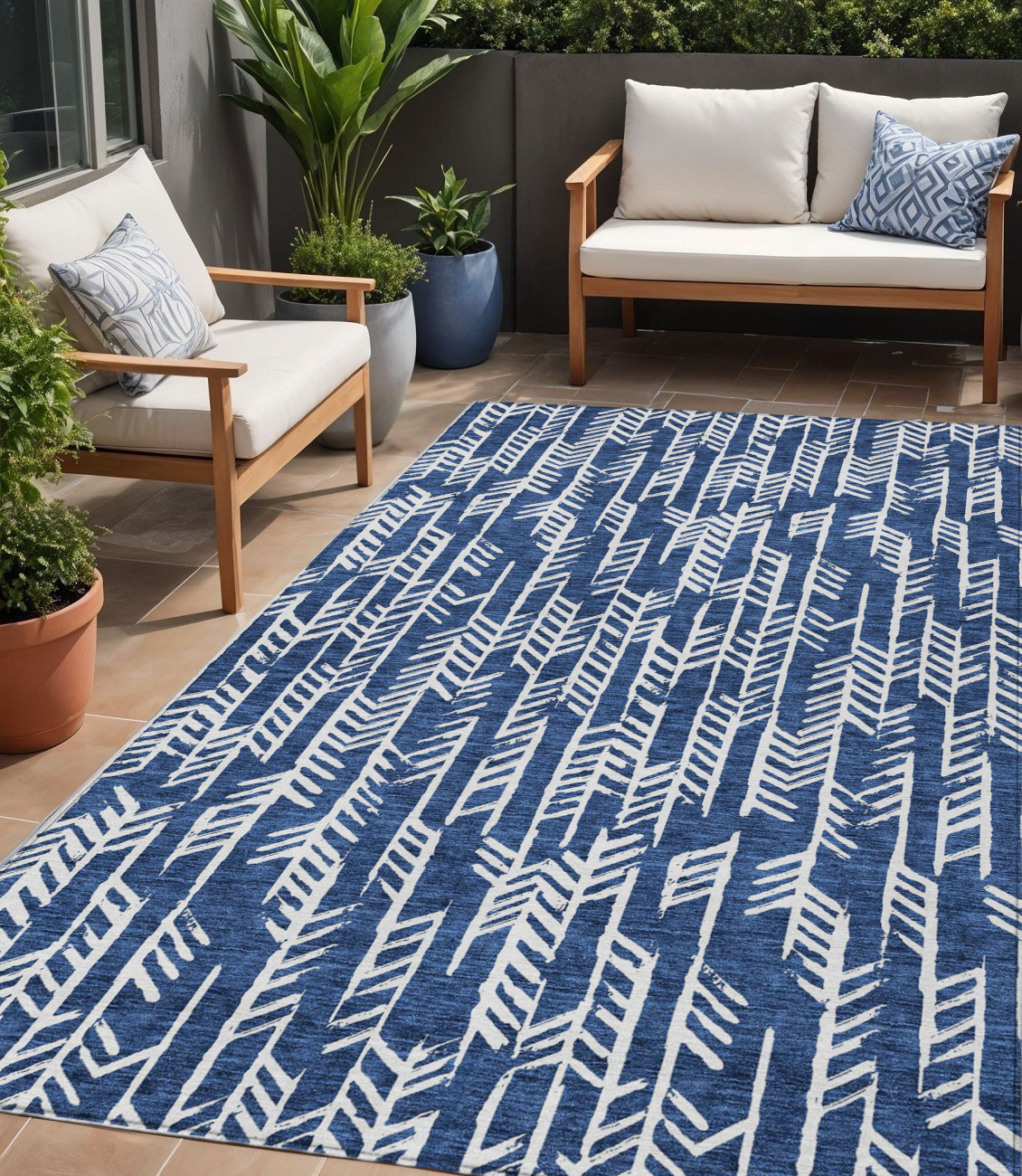 5' X 8' Navy Blue And Ivory Tribal Washable Indoor Outdoor Area Rug-594125-1