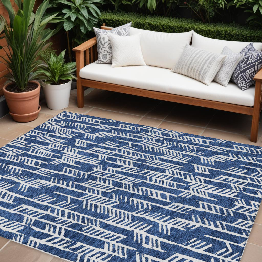 9' X 12' Navy Blue And Ivory Tribal Washable Indoor Outdoor Area Rug-594128-1