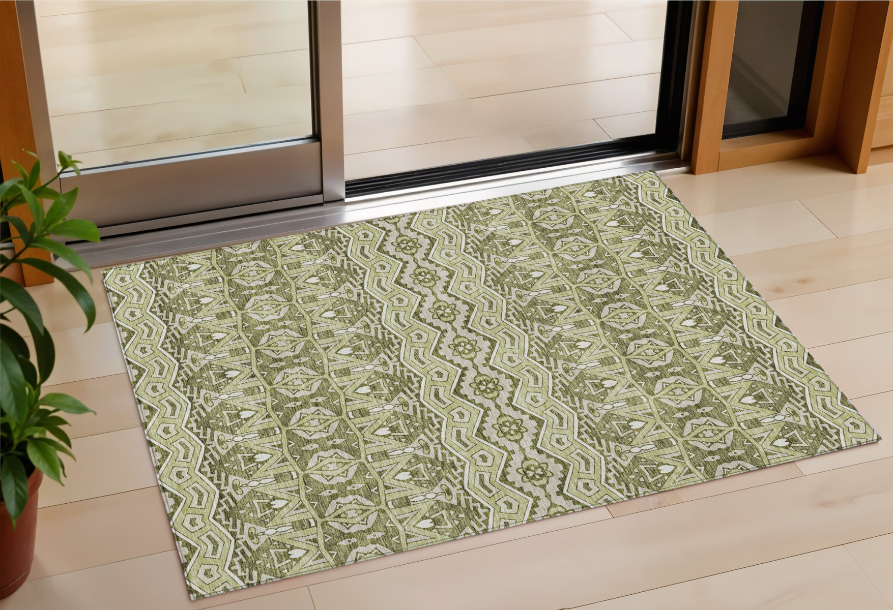 3' X 5' Artichoke Green Gray And Ivory Moroccan Washable Indoor Outdoor Area Rug-594292-1