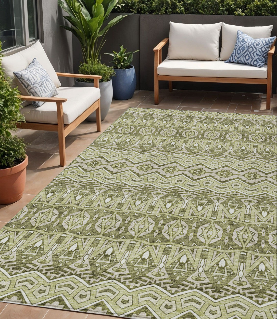 5' X 8' Artichoke Green Gray And Ivory Moroccan Washable Indoor Outdoor Area Rug-594293-1