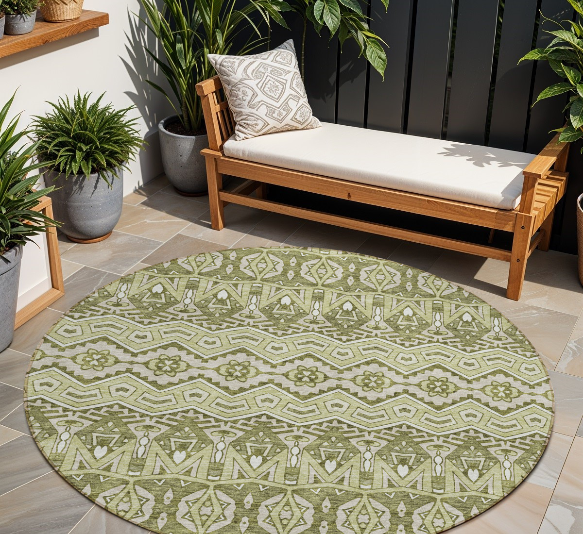 8' Artichoke Green Gray And Ivory Round Moroccan Washable Indoor Outdoor Area Rug-594294-1