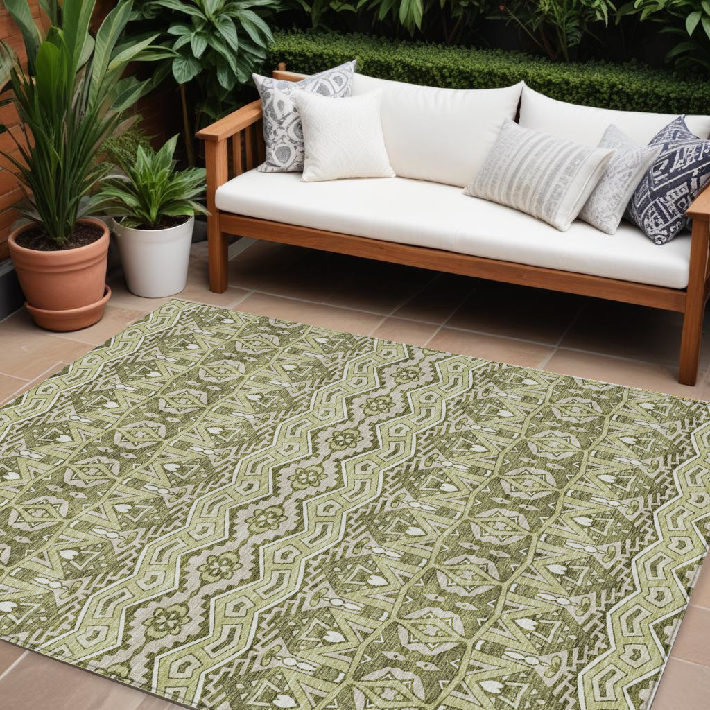 8' X 10' Artichoke Green Gray And Ivory Moroccan Washable Indoor Outdoor Area Rug-594295-1