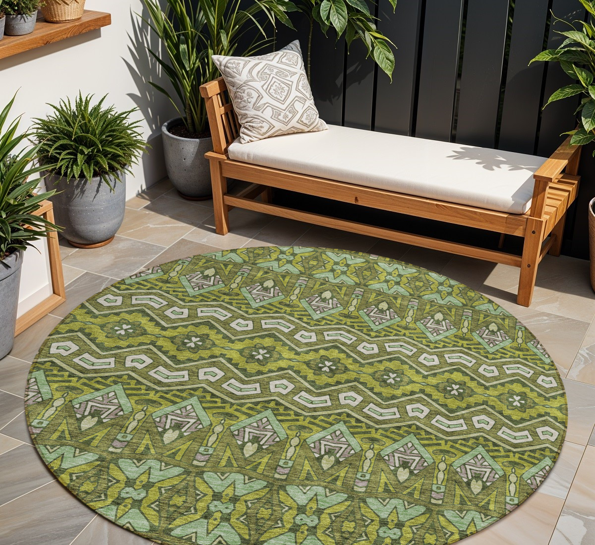 8' Olive Green Purple And Ivory Round Moroccan Washable Indoor Outdoor Area Rug-594342-1