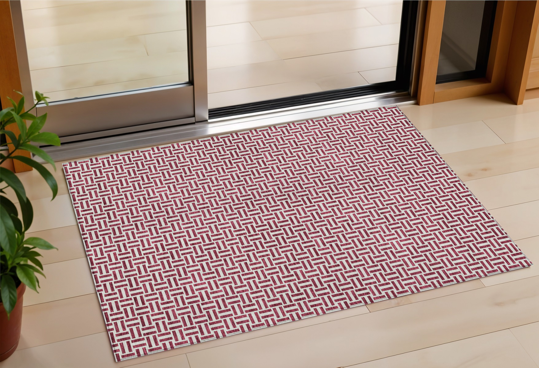 3' X 5' Burgundy And Ivory Geometric Washable Indoor Outdoor Area Rug-594449-1