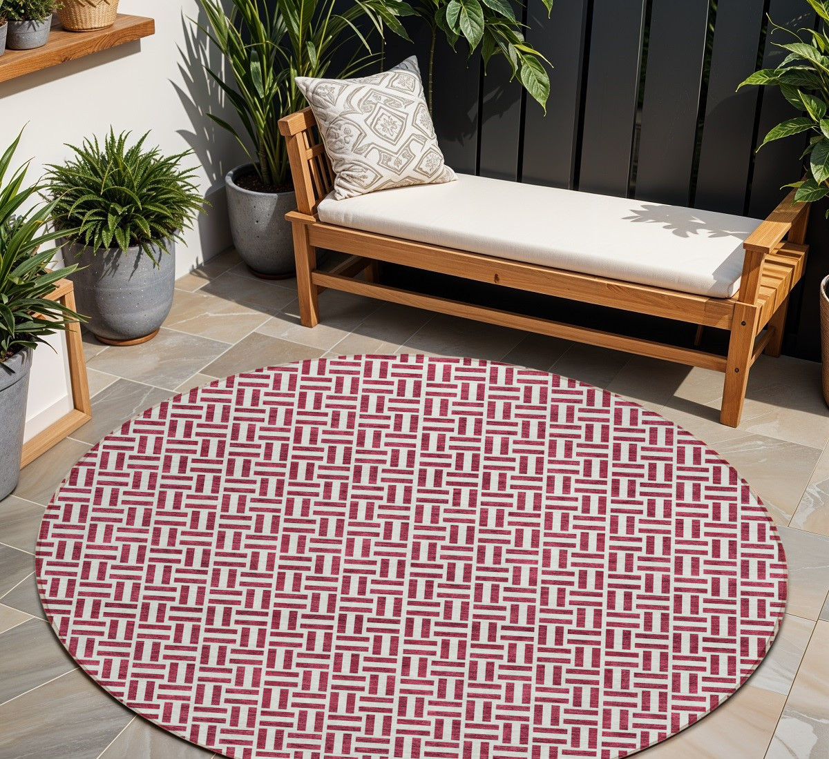 8' Burgundy And Ivory Round Geometric Washable Indoor Outdoor Area Rug-594451-1