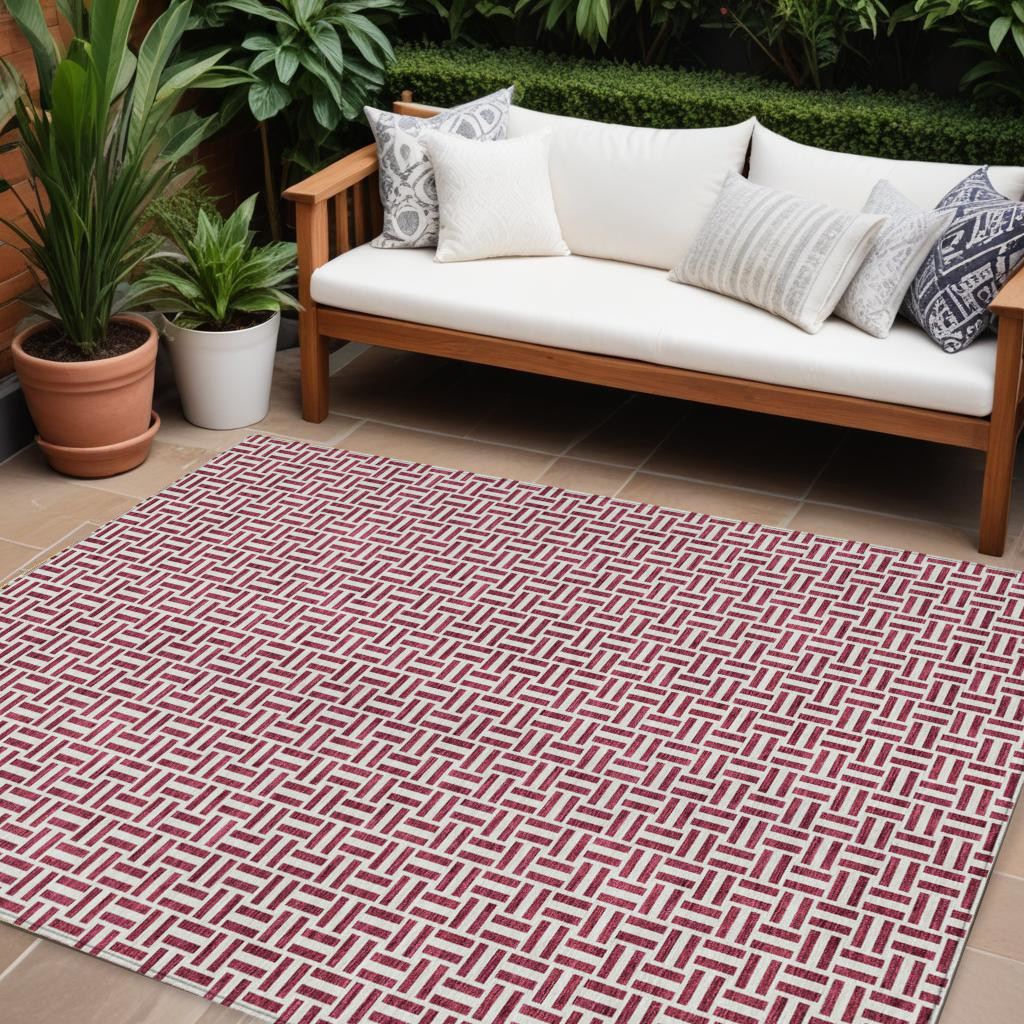 8' X 10' Burgundy And Ivory Geometric Washable Indoor Outdoor Area Rug-594452-1