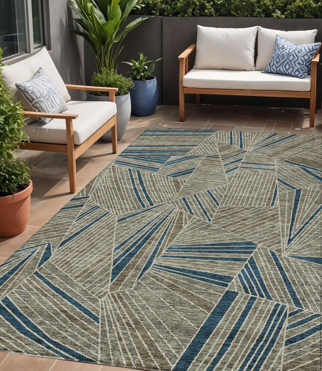 5' X 8' Taupe Blue And Beige Geometric Washable Indoor Outdoor Area Rug-594816-1