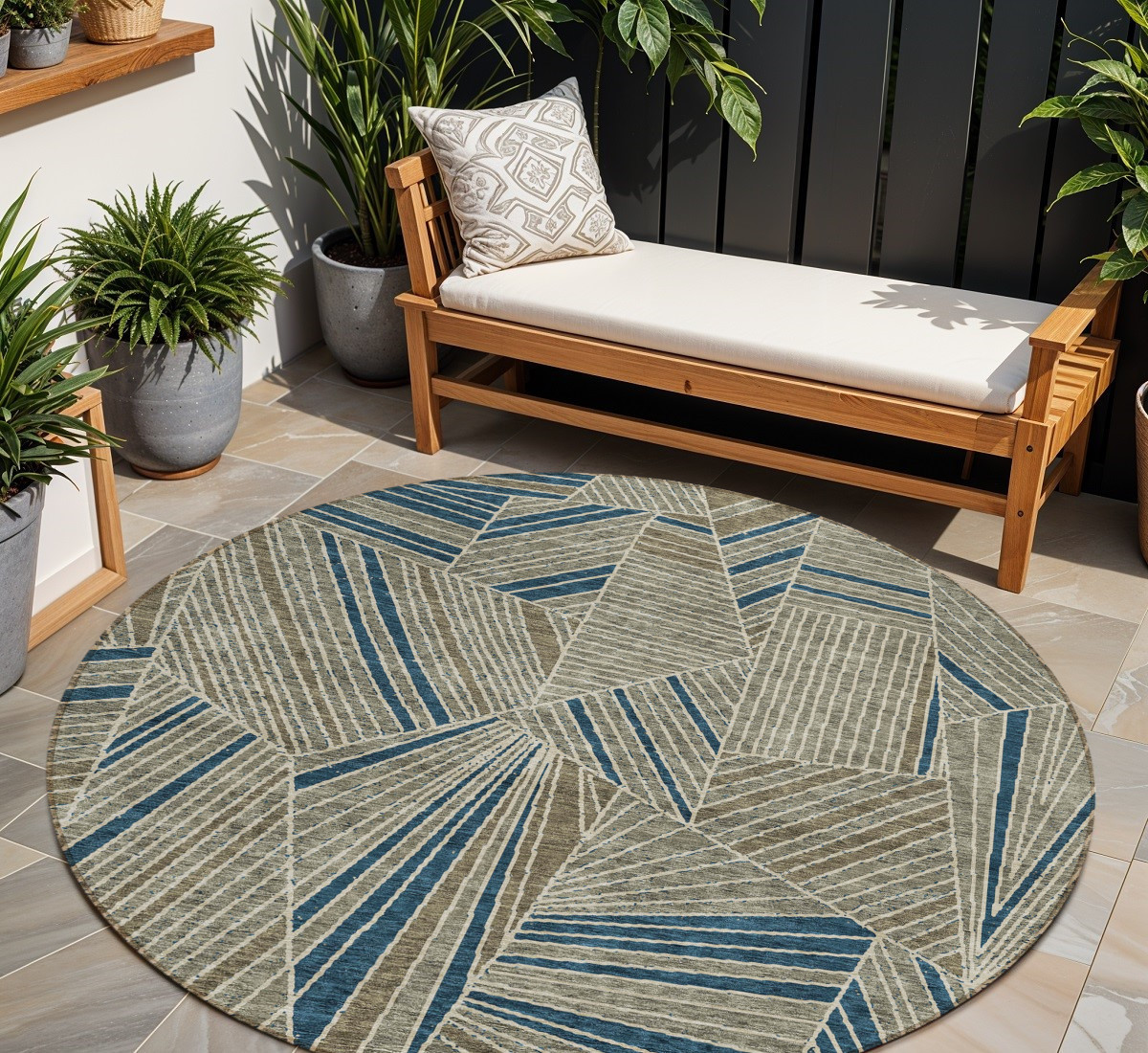 8' Taupe Blue And Beige Round Geometric Washable Indoor Outdoor Area Rug-594817-1