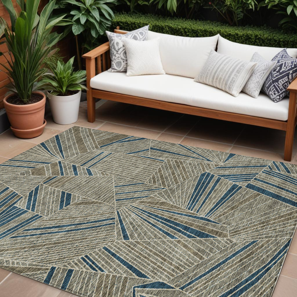 8' X 10' Taupe Blue And Beige Geometric Washable Indoor Outdoor Area Rug-594818-1