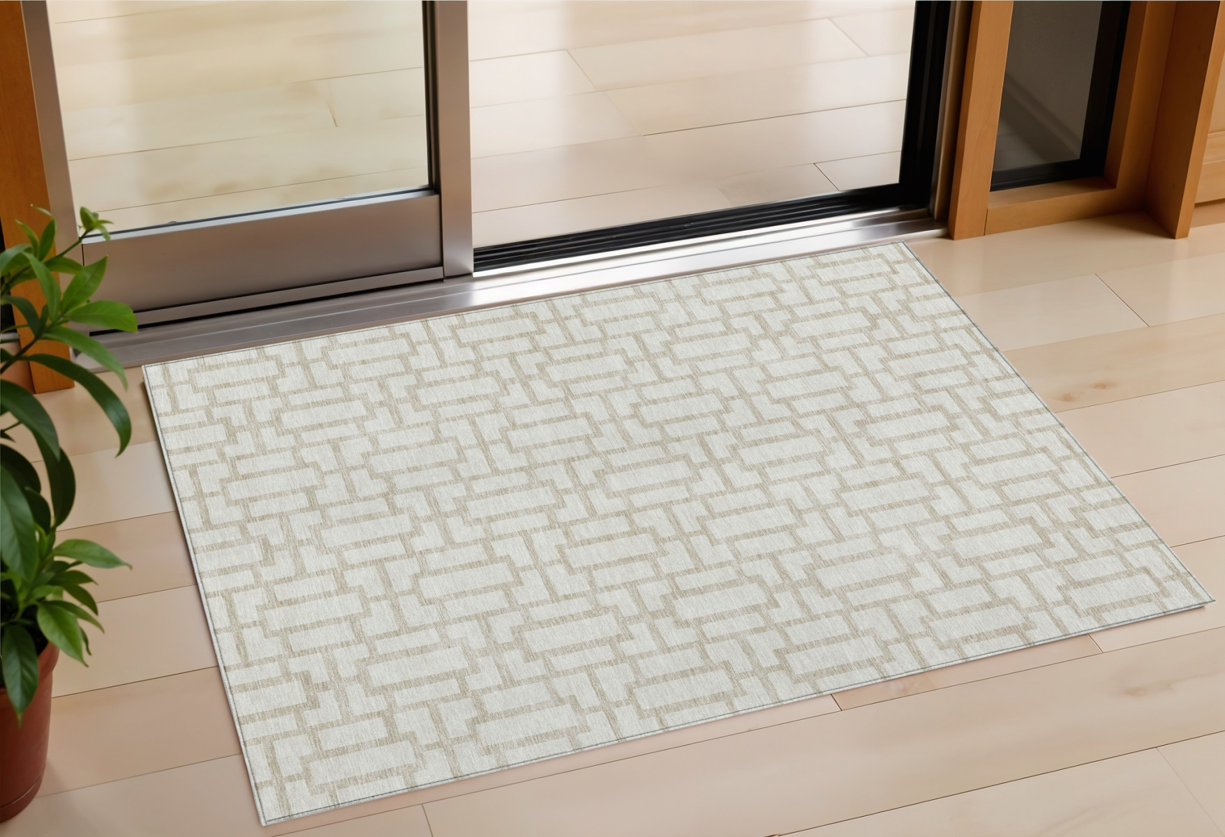 3' X 5' Ivory And Beige Geometric Washable Indoor Outdoor Area Rug-594851-1