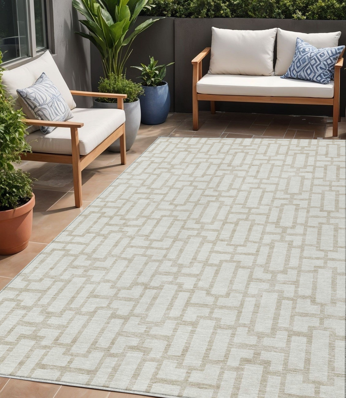 5' X 8' Ivory And Beige Geometric Washable Indoor Outdoor Area Rug-594852-1