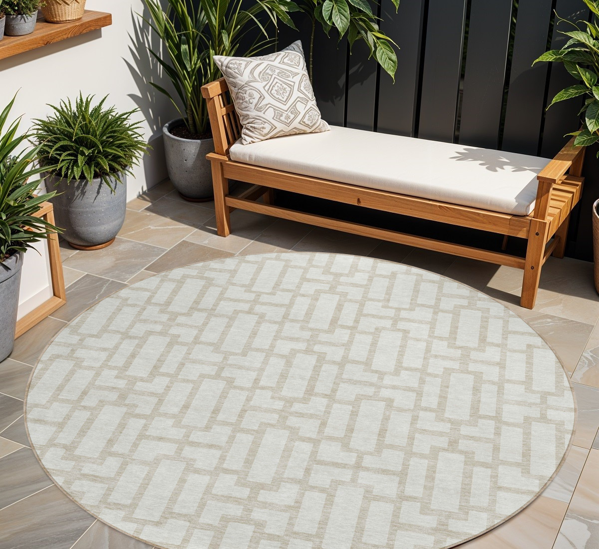 8' Ivory And Beige Round Geometric Washable Indoor Outdoor Area Rug-594853-1
