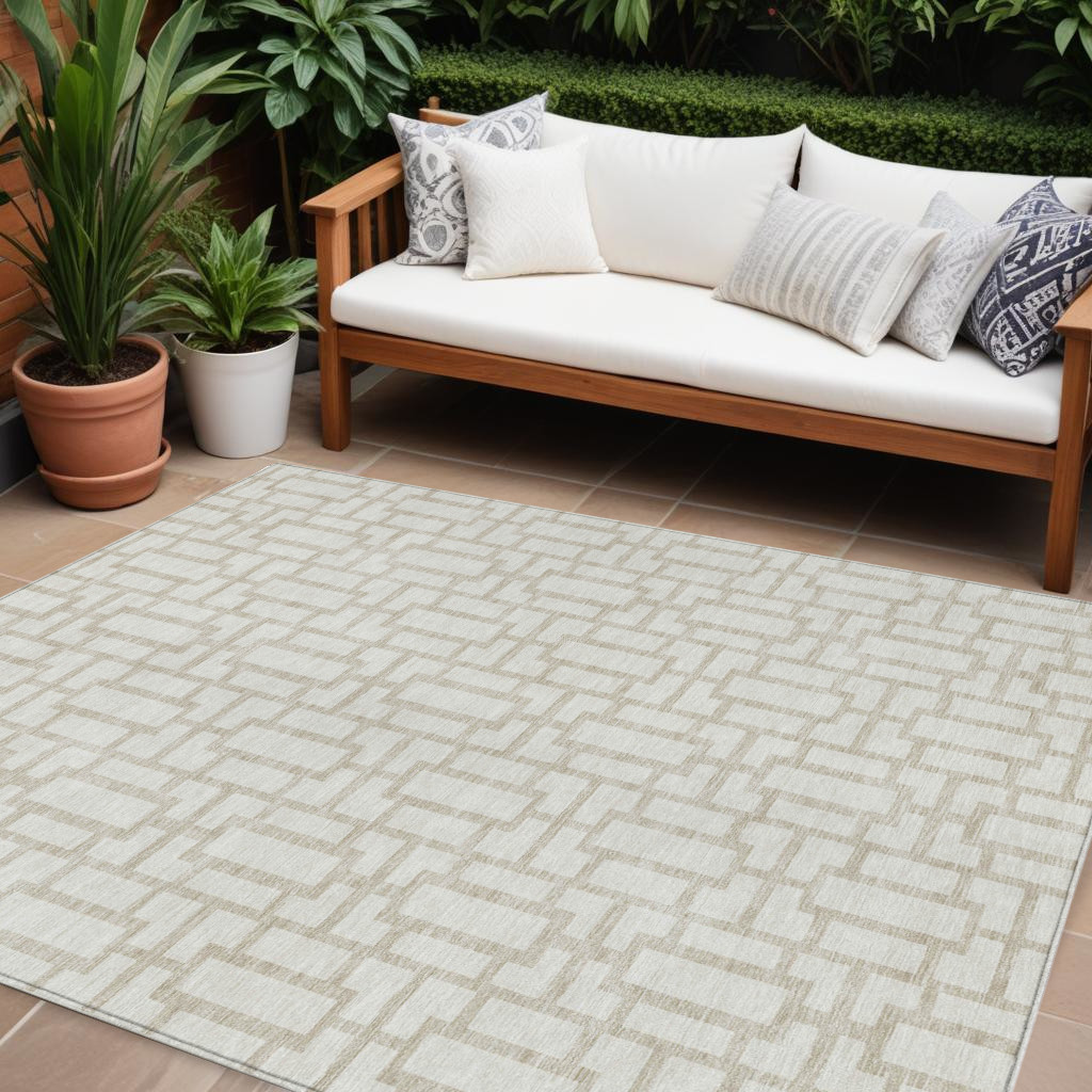 8' X 10' Ivory And Beige Geometric Washable Indoor Outdoor Area Rug-594854-1