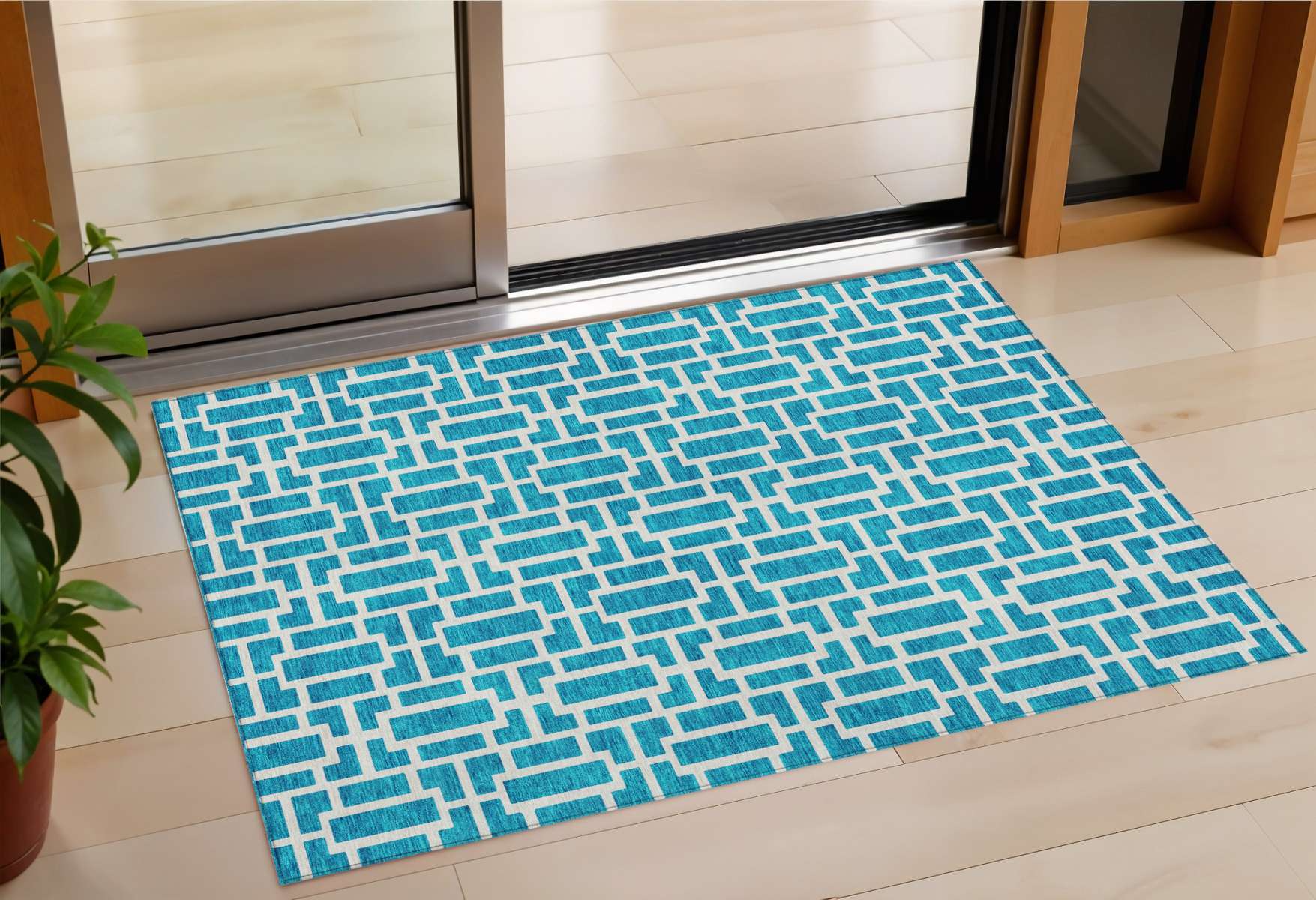 3' X 5' Turquoise And Ivory Geometric Washable Indoor Outdoor Area Rug-594875-1