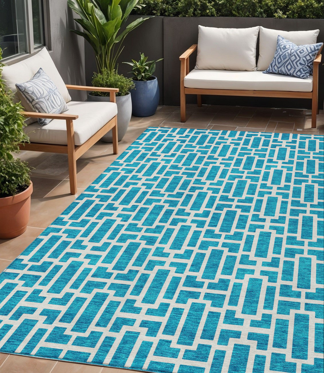 5' X 8' Turquoise And Ivory Geometric Washable Indoor Outdoor Area Rug-594876-1