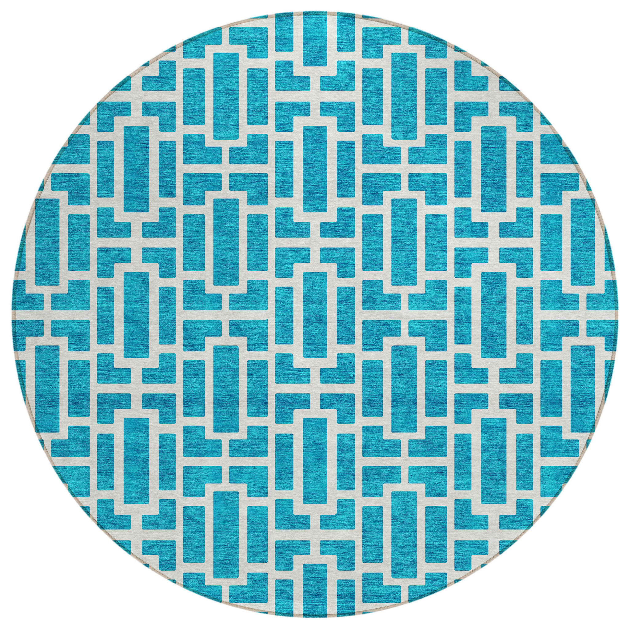 8' Turquoise And Ivory Round Geometric Washable Indoor Outdoor Area Rug-594877-1